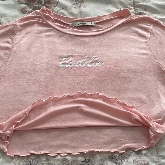 Papaya “Baddie” lettuce edge pink graphic crop top size L Barbiecore boho skater - Picture 10 of 16